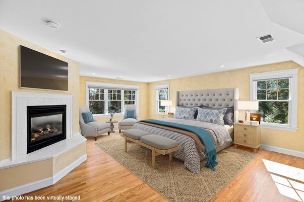 Bedroom, Fireplace, Interior, Recessed Lighting, Wood Texture Flooring