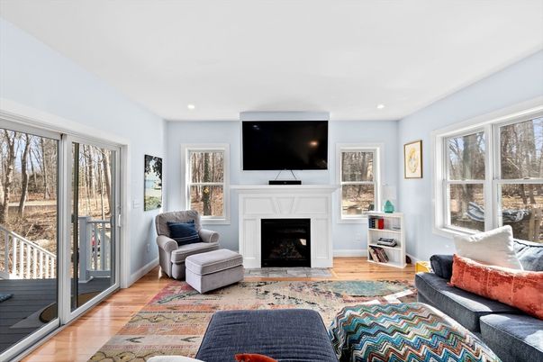Fireplace, Interior, Living room, Recessed Lighting, Wood Texture Flooring