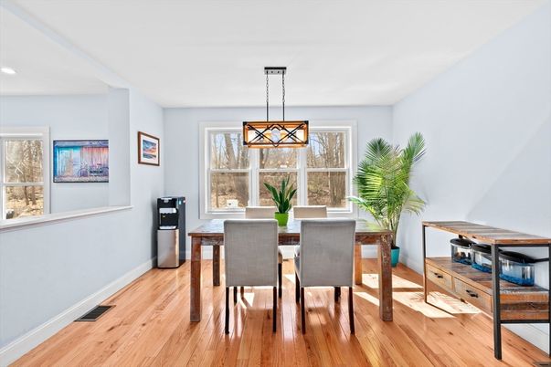 Dining room, Interior, Pendant Lights, Recessed Lighting, Wood Texture Flooring