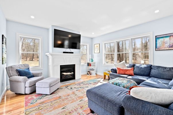 Fireplace, Interior, Living room, Recessed Lighting, Wood Texture Flooring