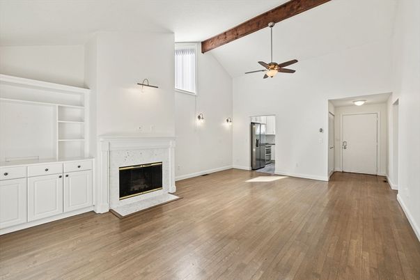 Empty room, Fireplace, Interior, Wooden Beams, Wood Texture Flooring