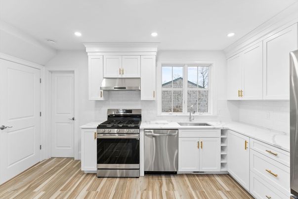 Interior, Kitchen, Recessed Lighting, Stainless Steel Appliances, Wood Texture Flooring