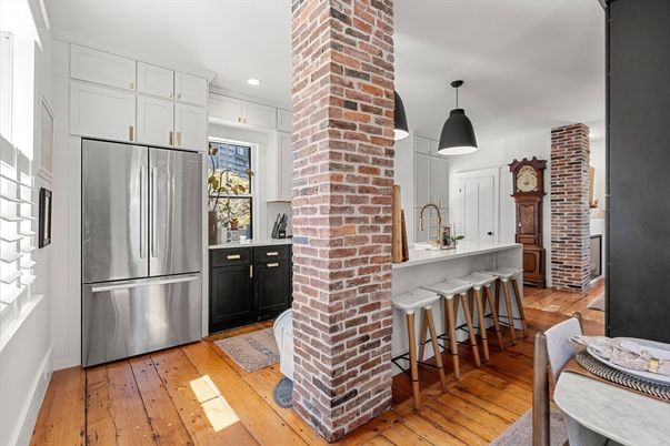 Interior, Kitchen, Pendant Lights, Recessed Lighting, Stainless Steel Appliances, Stone Walls, Wood Texture Flooring