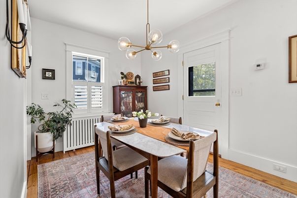 Dining room, Interior, Pendant Lights, Wood Texture Flooring