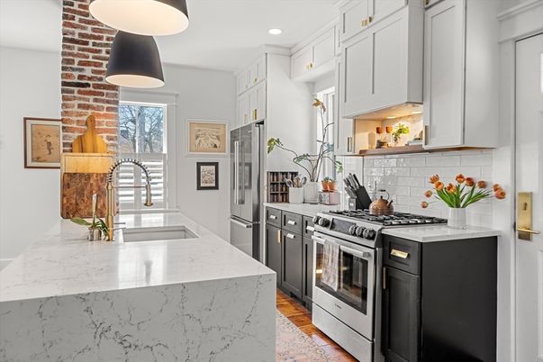 Interior, Kitchen, Pendant Lights, Recessed Lighting, Stainless Steel Appliances, Stone Walls, Wood Texture Flooring