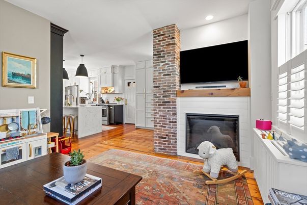 Fireplace, Interior, Kitchen, Pendant Lights, Recessed Lighting, Stone Walls, Wood Texture Flooring