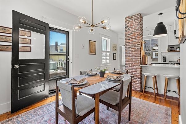 Dining room, Interior, Kitchen, Pendant Lights, Stone Walls, Wood Texture Flooring