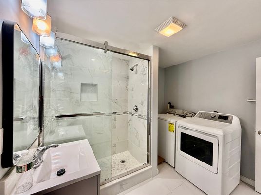 Bathroom, Glass Shower, Interior, Marble Walls, Washer