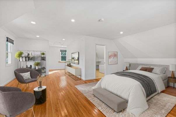 Bedroom, Interior, Recessed Lighting, Wood Texture Flooring