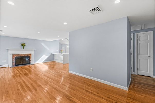 Empty room, Fireplace, Interior, Recessed Lighting, Wood Texture Flooring