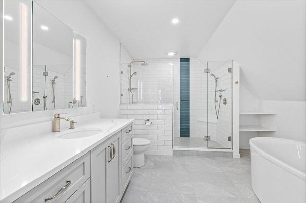 Bathroom, Dual Sink Vanities, Glass Shower, Interior, Marble, Recessed Lighting
