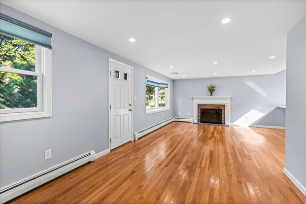 Empty room, Fireplace, Interior, Recessed Lighting, Wood Texture Flooring