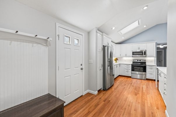 Interior, Kitchen, Recessed Lighting, Stainless Steel Appliances, Wood Texture Flooring