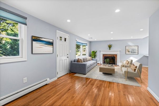 Fireplace, Interior, Living room, Recessed Lighting, Wood Texture Flooring