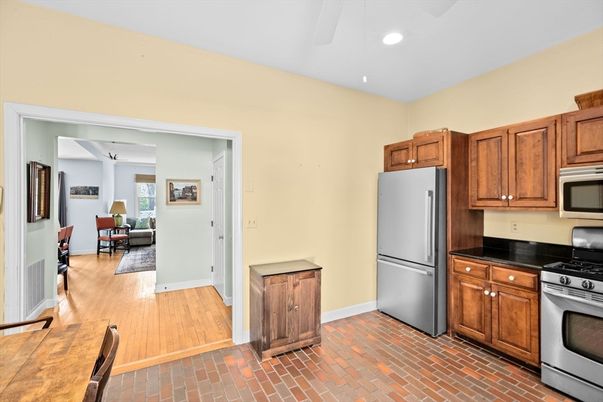 Dining room, Interior, Kitchen, Recessed Lighting, Stainless Steel Appliances, Wood Texture Flooring
