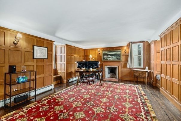 Fireplace, Home Office, Interior, Wood Texture Flooring, Wooden Walls