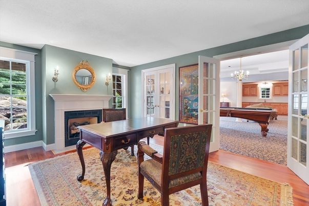 Billiard Table, Chandelier, Fireplace, Game Room, Interior, Wood Texture Flooring
