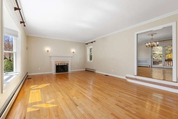 Chandelier, Empty room, Fireplace, Interior, Wood Texture Flooring