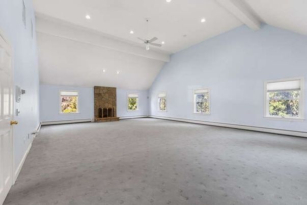 Empty room, Fireplace, Interior, Recessed Lighting, Stone Walls