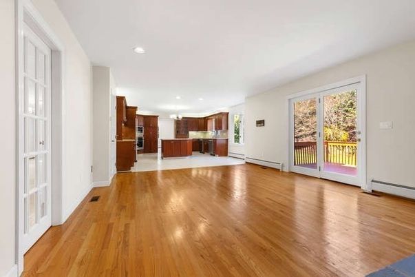Empty room, Interior, Kitchen, Recessed Lighting, Wood Texture Flooring