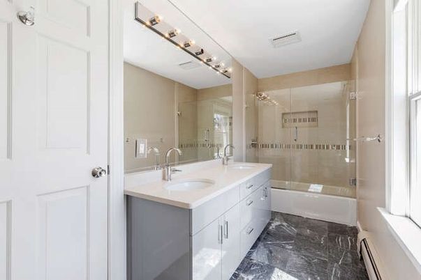 Bathroom, Dual Sink Vanities, Glass Shower, Interior, Marble