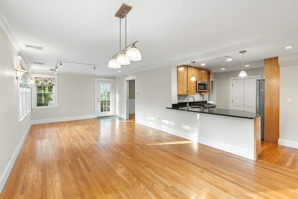 Empty room, Interior, Kitchen, Pendant Lights, Recessed Lighting, Stainless Steel Appliances, Wood Texture Flooring