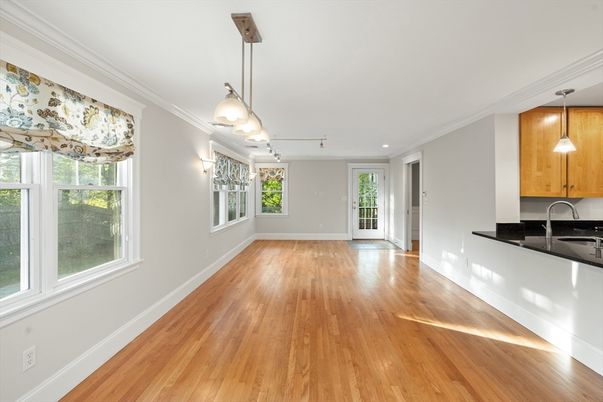 Empty room, Interior, Kitchen, Pendant Lights, Recessed Lighting, Wood Texture Flooring