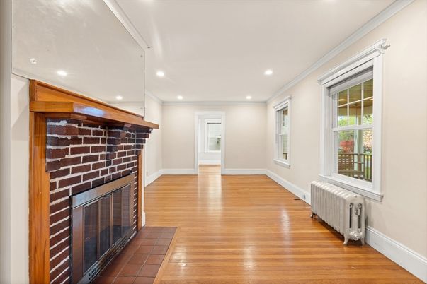 Empty room, Fireplace, Interior, Recessed Lighting, Wood Texture Flooring