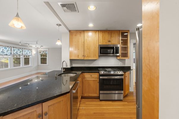 Interior, Kitchen, Pendant Lights, Recessed Lighting, Stainless Steel Appliances, Wood Texture Flooring