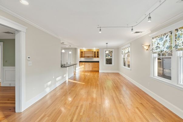 Empty room, Interior, Kitchen, Pendant Lights, Wood Texture Flooring