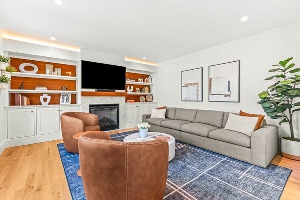 Fireplace, Interior, Living room, Recessed Lighting, Wood Texture Flooring