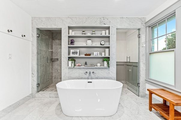 Bathroom, Free Standing Baths, Glass Shower, Interior, Marble, Marble Walls