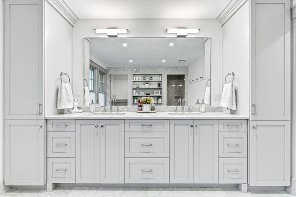 Bathroom, Dual Sink Vanities, Interior, Marble, Recessed Lighting