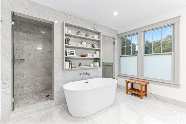 Bathroom, Free Standing Baths, Glass Shower, Interior, Marble, Marble Walls, Recessed Lighting