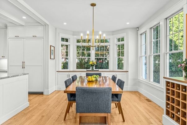 Dining room, Interior, Pendant Lights, Recessed Lighting, Wood Texture Flooring