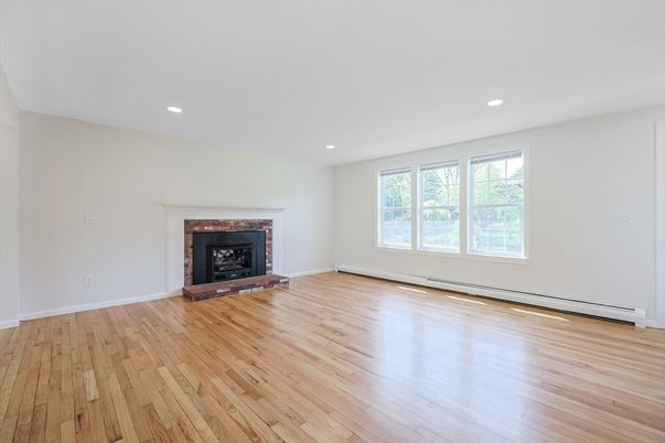 Empty room, Fireplace, Interior, Recessed Lighting, Wood Texture Flooring