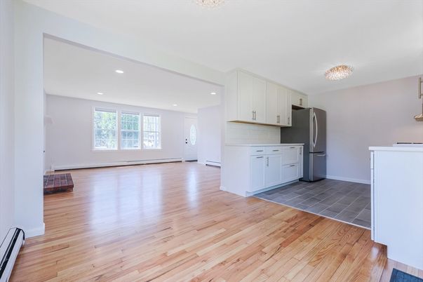 Chandelier, Empty room, Interior, Kitchen, Recessed Lighting, Wood Texture Flooring