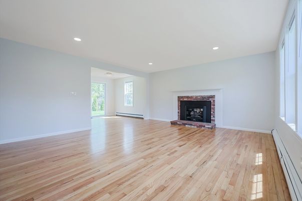 Empty room, Fireplace, Interior, Recessed Lighting, Wood Texture Flooring