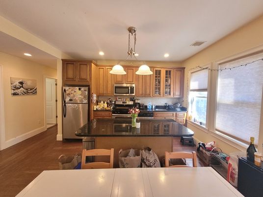 Dining room, Interior, Kitchen, Pendant Lights, Recessed Lighting, Stainless Steel Appliances, Wood Texture Flooring