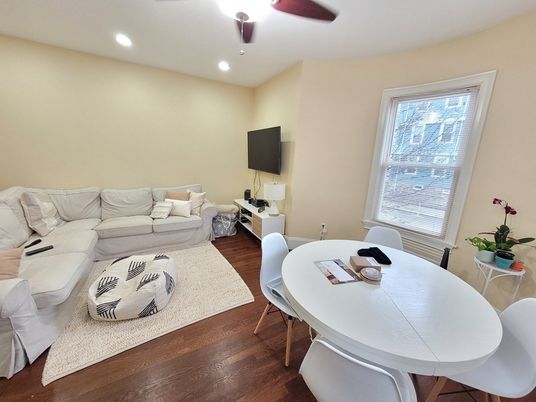 Dining room, Interior, Living room, Recessed Lighting, Wood Texture Flooring