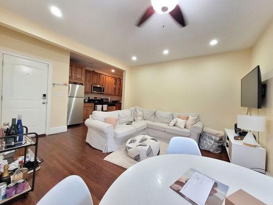Interior, Kitchen, Living room, Recessed Lighting, Stainless Steel Appliances, Wood Texture Flooring