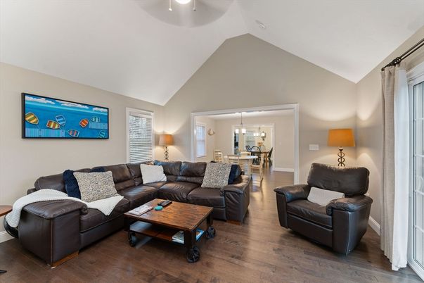 Dining room, Interior, Living room, Pendant Lights, Wood Texture Flooring