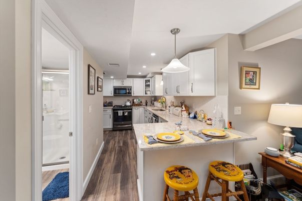 Interior, Kitchen, Pendant Lights, Recessed Lighting, Stainless Steel Appliances, Wood Texture Flooring