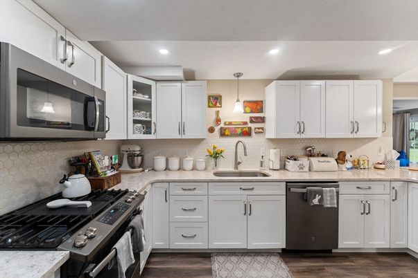 Interior, Kitchen, Pendant Lights, Recessed Lighting, Stainless Steel Appliances, Wood Texture Flooring