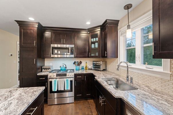 Interior, Kitchen, Pendant Lights, Recessed Lighting, Stainless Steel Appliances, Wood Texture Flooring