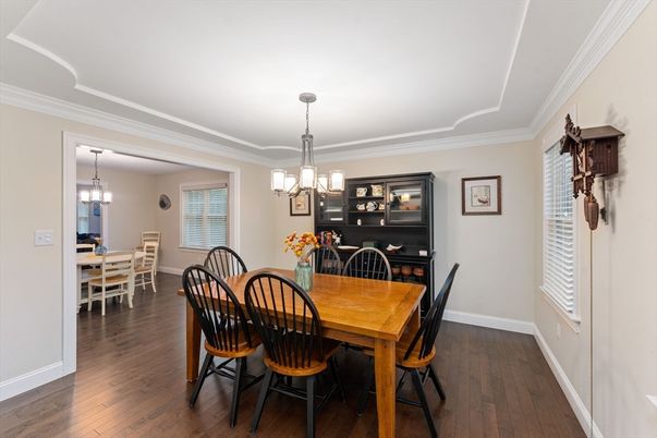 Chandelier, Dining room, Interior, Wood Texture Flooring
