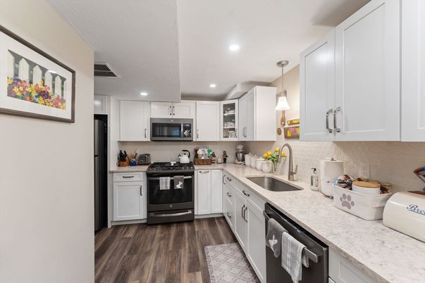 Interior, Kitchen, Pendant Lights, Recessed Lighting, Stainless Steel Appliances, Wood Texture Flooring
