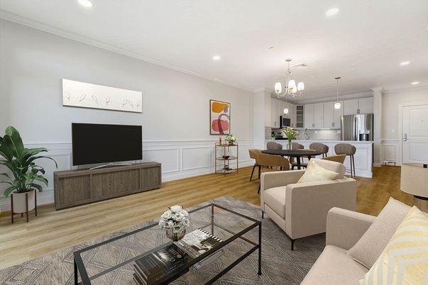 Chandelier, Dining room, Interior, Kitchen, Living room, Pendant Lights, Recessed Lighting, Stainless Steel Appliances, Wood Texture Flooring