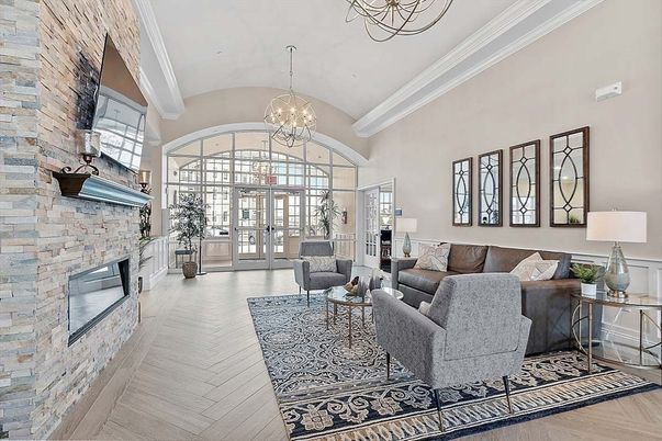 Chandelier, Fireplace, Interior, Living room, Stone Walls, Wood Texture Flooring