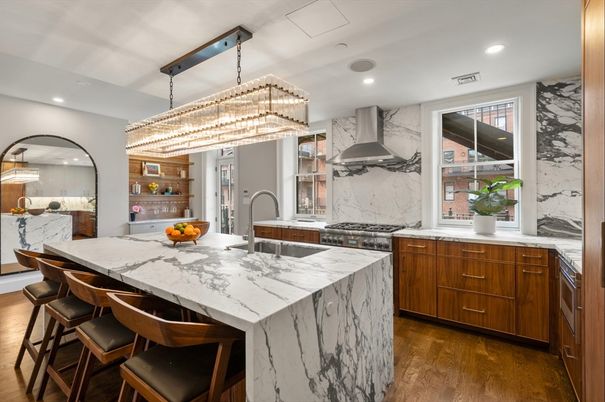 Chandelier, Interior, Kitchen, Marble Walls, Recessed Lighting, Stainless Steel Appliances, Wood Texture Flooring